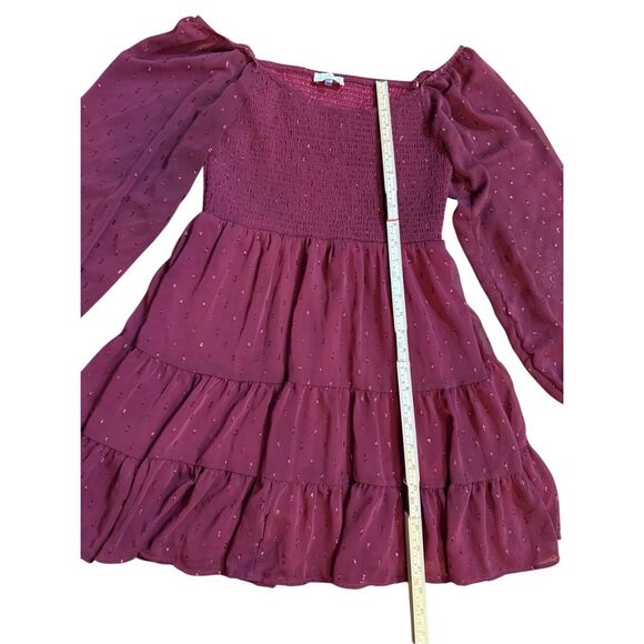 Altar’d State Women’s Vibrant Burgundy Babydoll Tiered Long Sleeve Dress Sparkle - Picture 5 of 10